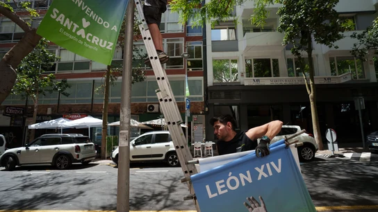 Operarios colocan banderolas en las calles de Santa Cruz de Tenerife con motivo de la visita del Papa León XIV a Canarias Operarios colocan banderolas en las calles de Santa Cruz de Tenerife con motivo de la visita del Papa León XIV a Canarias