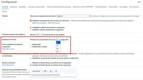 Programando opciones en deshacer el envío Deshacer-envío