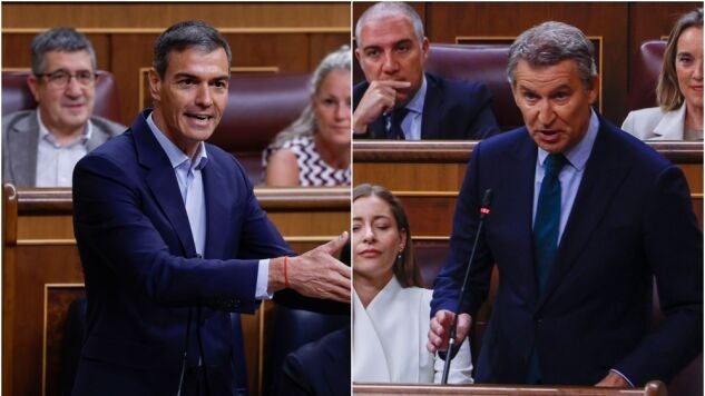 El presidente del Gobierno, Pedro S&aacute;nchez, y el l&iacute;der del PP, Alberto N&uacute;&ntilde;ez Feij&oacute;o, en el Congreso de los Diputados