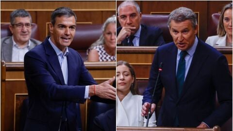 El presidente del Gobierno, Pedro S&aacute;nchez, y el l&iacute;der del PP, Alberto N&uacute;&ntilde;ez Feij&oacute;o, en el Congreso de los Diputados