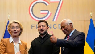 Ursula Von der Leyen, Volod&iacute;mir Zelenski y Ant&oacute;nio Guterres, durante la cumbre del G7 en Francia