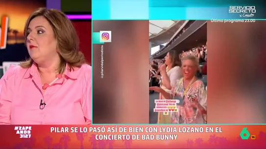 Pilar Vidal habla del concierto de Bad Bunny al que fue con Lydia Lozano: "Ella no perrea, baila el chuminero" Pilar Vidal fue una de los miles de personas que han estado en uno de los conciertos de Bad Bunny en Madrid. En su caso fue con Lydia Lozano invitadas por Enrique Cerezo, aunque reconoce que "ninguna sabíamos ninguna canción".