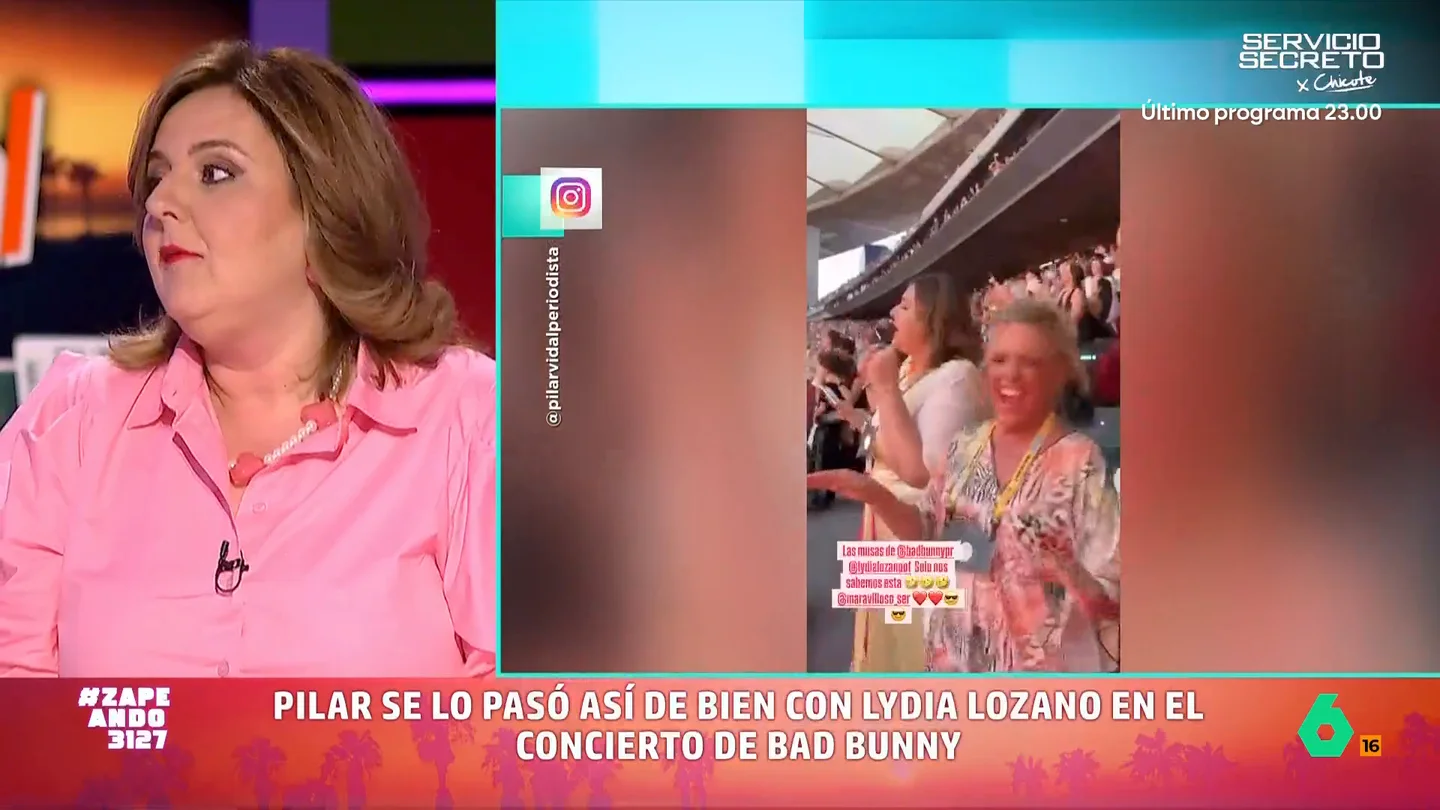 Pilar Vidal habla del concierto de Bad Bunny al que fue con Lydia Lozano: "Ella no perrea, baila el chuminero" Pilar Vidal fue una de los miles de personas que han estado en uno de los conciertos de Bad Bunny en Madrid. En su caso fue con Lydia Lozano invitadas por Enrique Cerezo, aunque reconoce que "ninguna sabíamos ninguna canción".