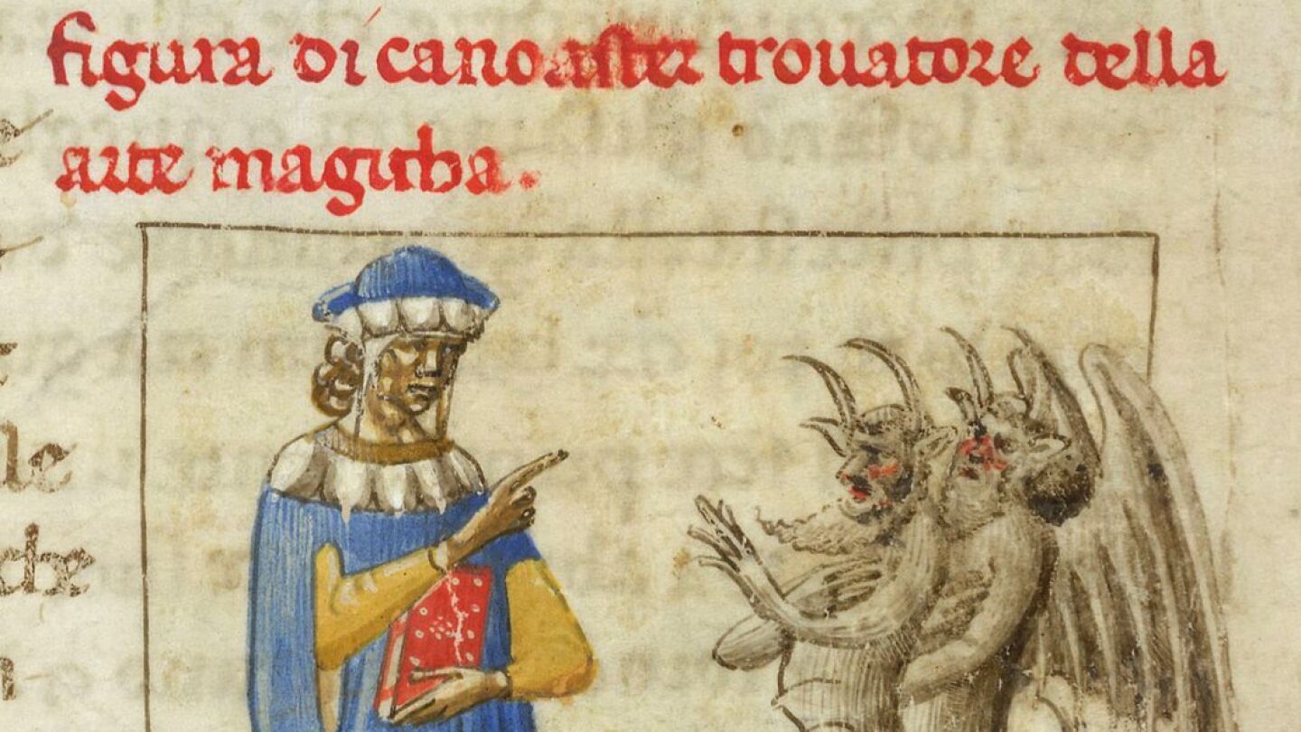 Zoroastro con dos demonios en una de las versiones falsas del Secretum Secretorum de Arist&oacute;teles. 