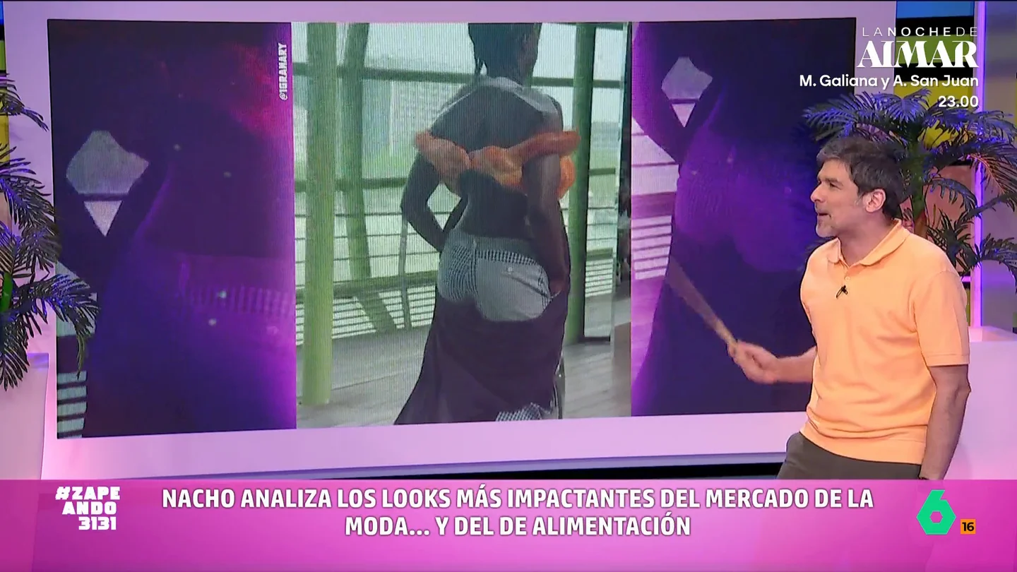 Del 'culoissant' a las redes de pesca: Nacho García analiza los looks más impactantes de los últimos días El zapeando se convierte en el 'Josie de Hacendado' para analizar, con su particular humor, alguno de los desfiles que se han realizado en París o Milán recientemente.