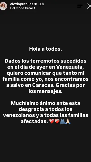 A través de una publicación en su cuenta de Instagram, Alexia Putellas ha querido transmitir tranquilidad sobre su situación y la de sus allegados tras los terremotos ocurridos en Venezuela. A través de una publicación en su cuenta de Instagram, Alexia Putellas ha querido transmitir tranquilidad sobre su situación y la de sus allegados tras los terremotos ocurridos en Venezuela.