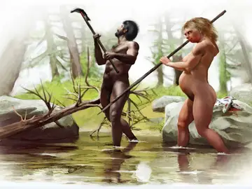 Una pareja de mujer neandertal y hombre Homo sapiens Una pareja de mujer neandertal y hombre Homo sapiens