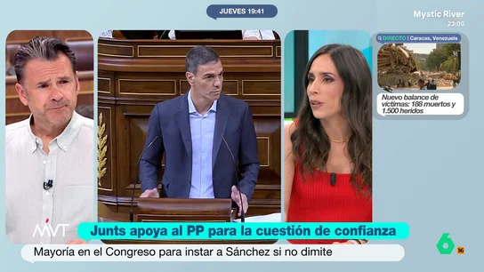 "Junts también va a trolear al PP semana sí, semana no": Pilar Velasco opina sobre los apoyos para la cuestión de confianza Pilar Velasco reflexiona sobre los movimientos de Junts, que un día apoya al PP para una cuestión de confianza en el Congreso, mientras el día antes deciden no votar para lo mismo en el Senado.