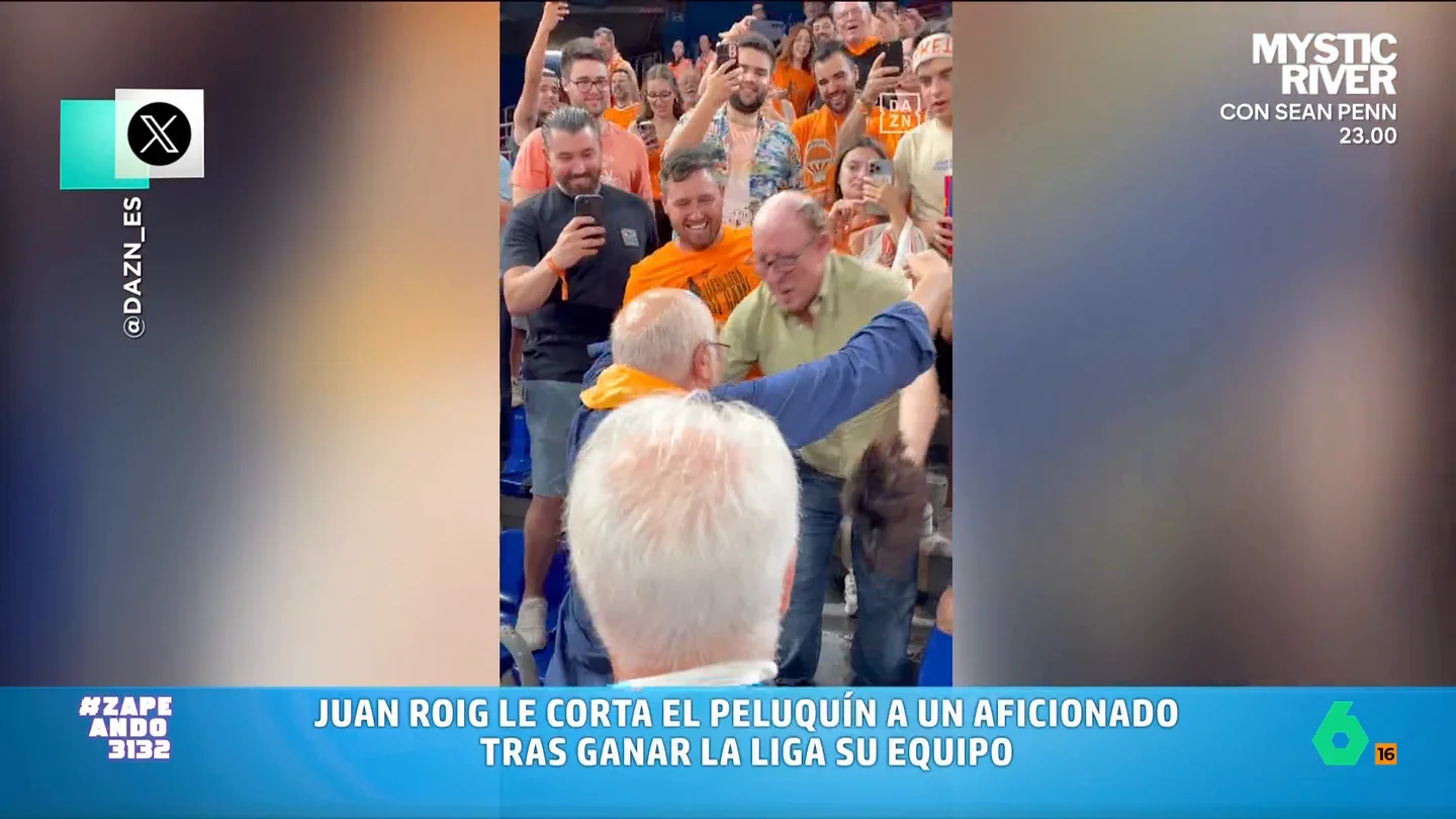 Juan Roig celebra la victoria del Valencia Basket cortándole el peluquín a un aficionado, en vídeo El presidente de Mercadona es, además, dueño del equipo. Un aficionado habría prometido que, si el Valencia Basket ganaba, Roig podía cortarle el peluquín.