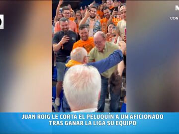 Juan Roig celebra la victoria del Valencia Basket cort&aacute;ndole el peluqu&iacute;n a un aficionado, en v&iacute;deo