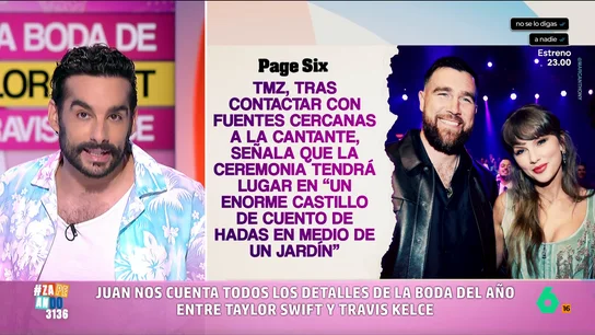 Juan Sanguino comparte todos los rumores sobre la boda de Taylor Swift y Travis Kelce La cantante y el jugador de fútbol americano, según se rumorea, van a pasar por el altar dentro de pocos días y el enlace está dando mucho que hablar.