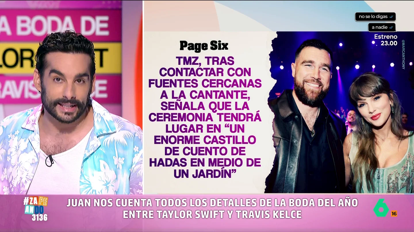 Juan Sanguino comparte todos los rumores sobre la boda de Taylor Swift y Travis Kelce La cantante y el jugador de fútbol americano, según se rumorea, van a pasar por el altar dentro de pocos días y el enlace está dando mucho que hablar.