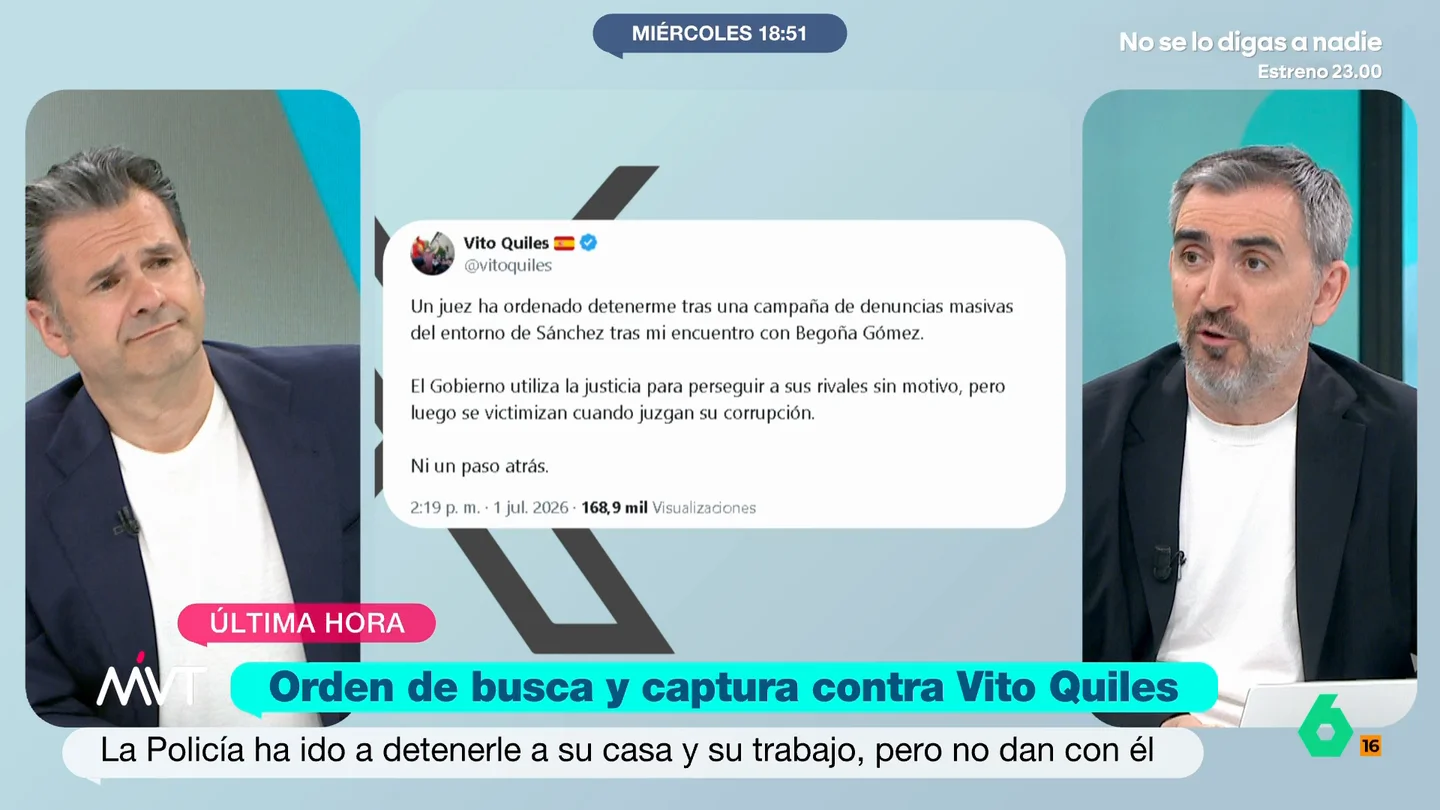 Ignacio Escolar, sobre Vito Quiles: "No espero nada de él, simplemente que nadie más lo llame periodista porque es un agitador" La policía ha acudido tanto al domicilio como al lugar de trabajo del agitador ultra para detenerlo. Quiles ha publicado un mensaje en 'X' acusando al Gobierno de usar a la justicia para perseguir a sus rivales políticos.