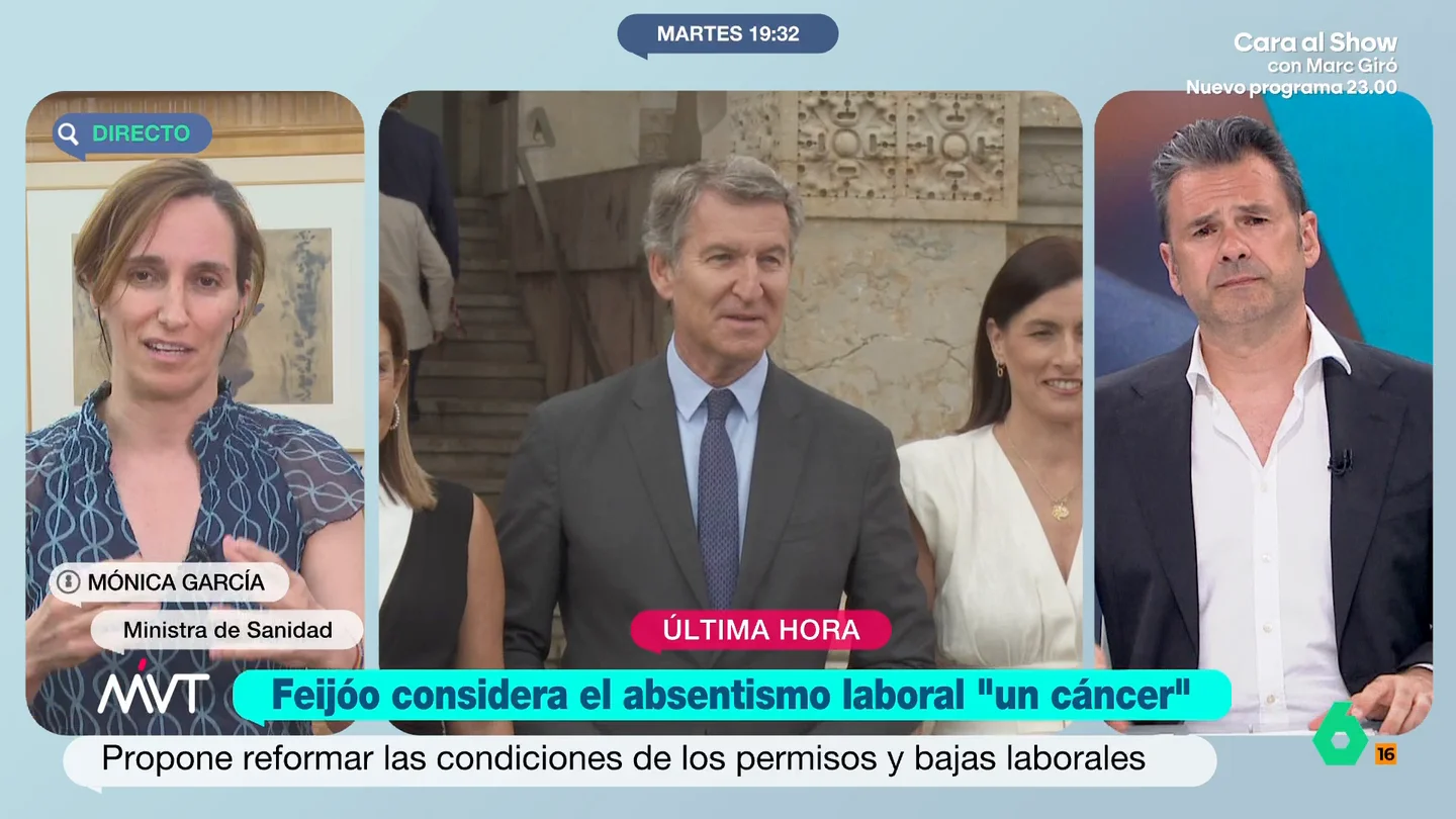 Mónica García responde a Feijóo: "Igual podemos empezar a plantear qué es lo que hace enfermar a nuestra sociedad" La ministra de Sanidad ha conectado este martes con Más Vale Tarde y, entre otras cuestiones, ha valorado las declaraciones de Alberto Núñez Feijóo sobre el absentismo laboral.