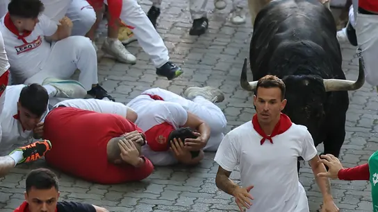 Varios mozos caen al paso de uno los toros de la ganadería gaditana de Fuente Ymbro. Varios mozos caen al paso de uno los toros de la ganadería gaditana de Fuente Ymbro.