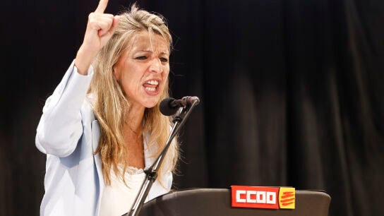 La vicepresidenta segunda y ministra de Trabajo, Yolanda D&iacute;az, durante su intervenci&oacute;n el acto de conmemoraci&oacute;n este jueves de CCOO