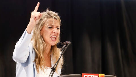 La vicepresidenta segunda y ministra de Trabajo, Yolanda D&iacute;az, durante su intervenci&oacute;n el acto de conmemoraci&oacute;n este jueves de CCOO