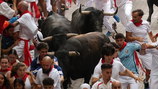 Los toros de la ganadería sevillana de Miura a su paso por el tramo final que desemboca en el callejón durante el séptimo encierro de los Sanfermines 2026 Los toros de la ganadería sevillana de Miura a su paso por el tramo final que desemboca en el callejón durante el séptimo encierro de los Sanfermines 2026