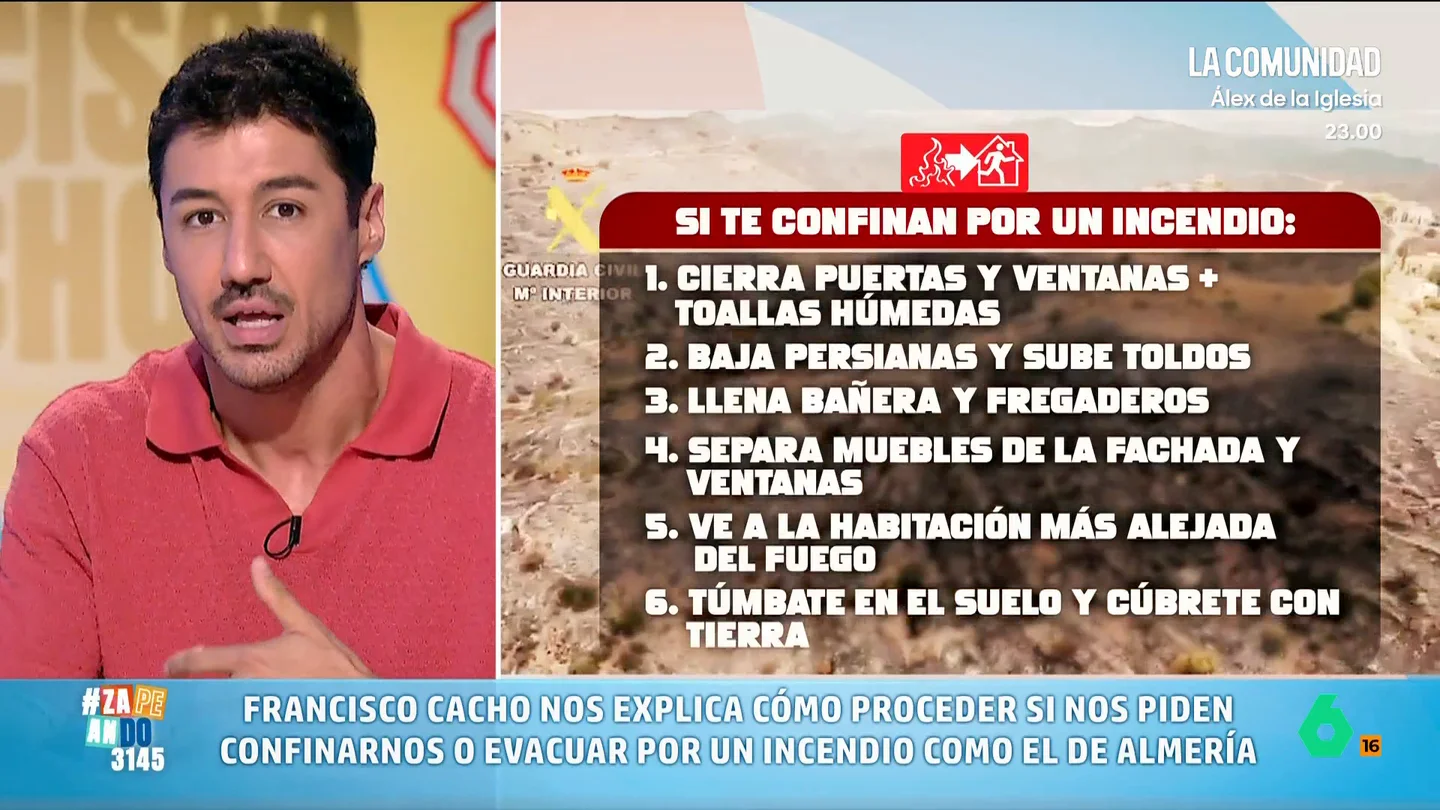 Francisco Cacho explica los pasos a seguir si nos tenemos que confinar por un incendio o evacuar Francisco Cacho explica qué hacer ante un incendio como el de Los Gallardos, tanto si las autoridades nos piden que nos confinemos en casa, como si nos indican que es necesario evacuar.