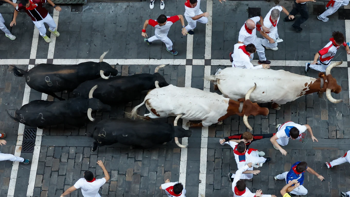 Los mozos son perseguidos por los toros de la ganadería de Jandilla a su paso por el tramo de Mercaderes, en el último encierro de las fiestas de San Fermín de 2026 Los mozos son perseguidos por los toros de la ganadería de Jandilla a su paso por el tramo de Mercaderes, en el último encierro de las fiestas de San Fermín de 2026