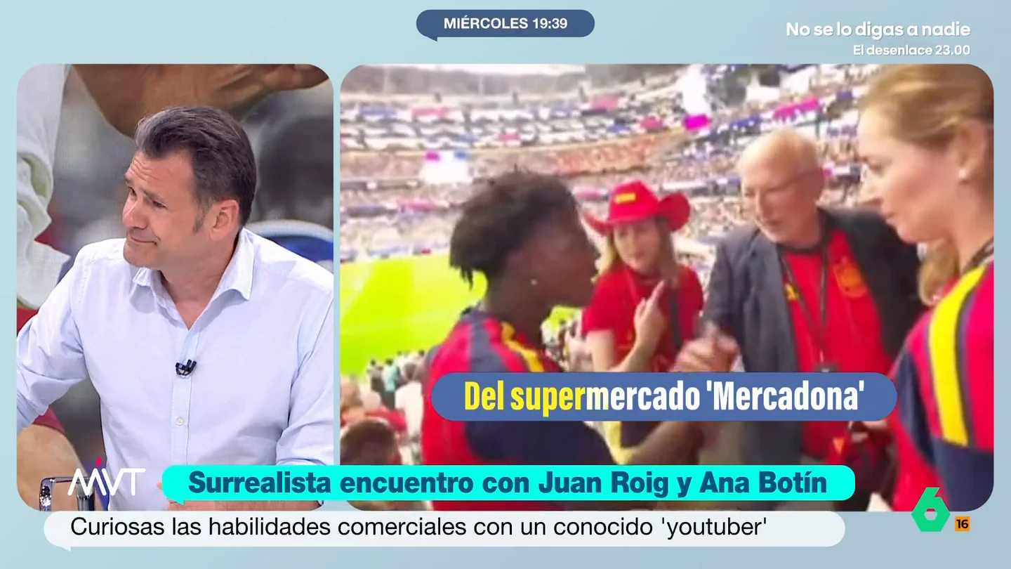 Iñaki López, sobre el momento de Ana Botín con un youtuber: "Le ofrece un 4%, a mi el Santander ha llegado a ofrecerme un 2%" Iñaki López reacciona con humor al momento que se vio en el Francia-España del Mundial donde Ana Patricia Botín intenta convencer a un youtuber para que se abra una cuenta en el Santander: "Le falta entregar unos flyers".