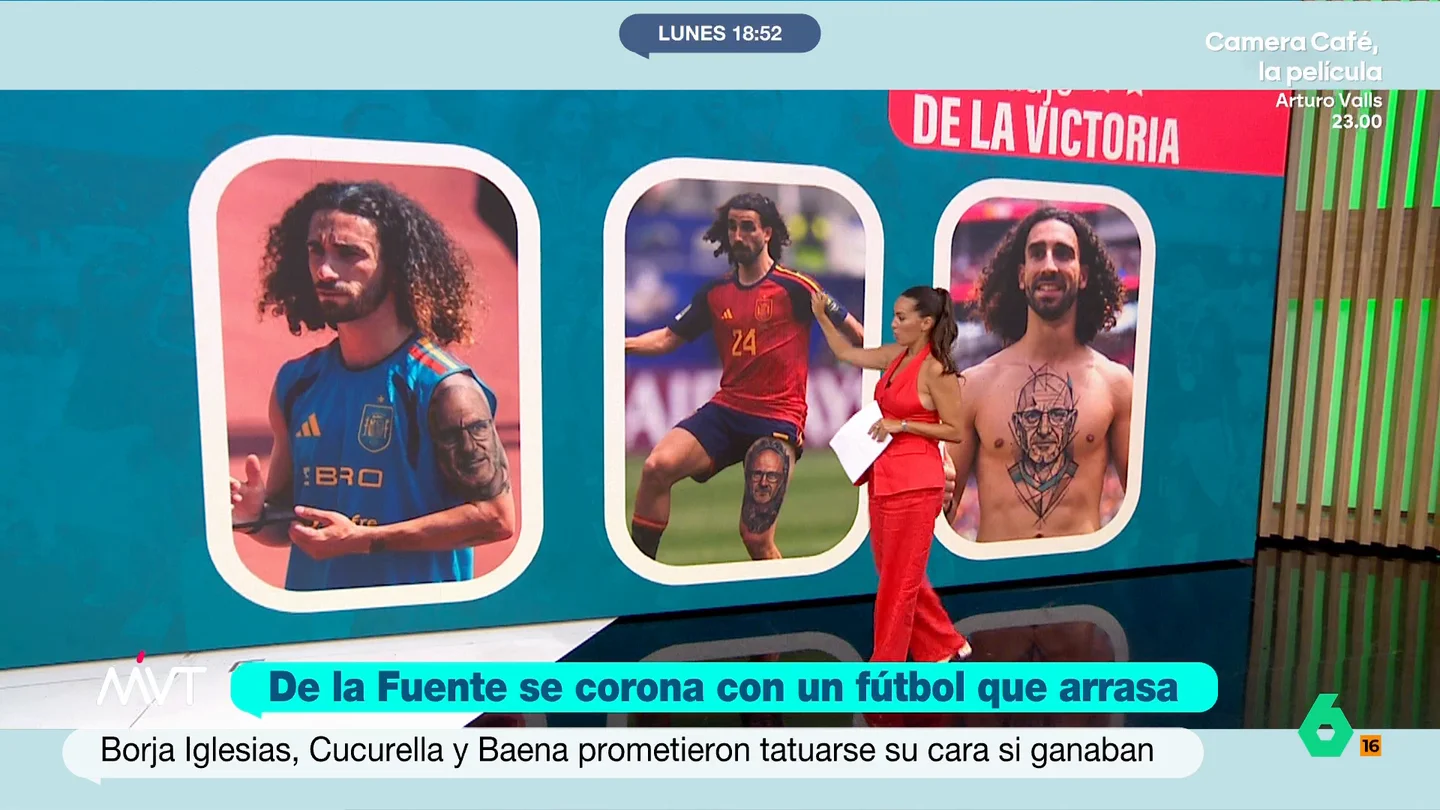 Más Vale Tarde da ideas a Cucurella para tatuarse la cara de Luis de la Fuente Marc Cucurella prometió que se tatuaría la cara de Luis de la Fuente si España ganaba el Mundial y ahora Más Vale Tarde le da tres propuestas de dibujo y de lugares donde hacérselo, desde el clásico bíceps al pecho.