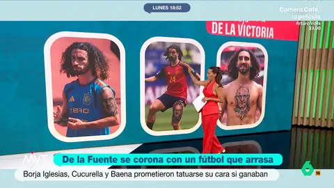 Más Vale Tarde da ideas a Cucurella para tatuarse la cara de Luis de la Fuente Marc Cucurella prometió que se tatuaría la cara de Luis de la Fuente si España ganaba el Mundial y ahora Más Vale Tarde le da tres propuestas de dibujo y de lugares donde hacérselo, desde el clásico bíceps al pecho.