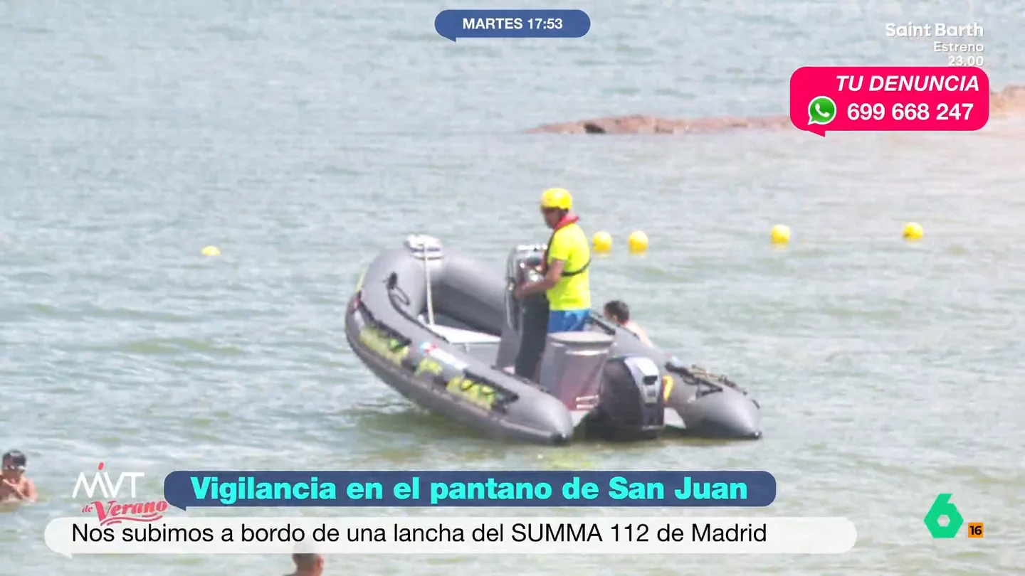 Más Vale Tarde patrulla con el SUMMA 112 en el pantano de San Juan: "El mayor peligro es la imprudencia" Más Vale Tarde acompaña al dispositivo especial de vigilancia, salvamento acuático y asistencia del SUMMA 112 en el pantano de San Juan, una zona habilitada para el baño, pero donde ya han muerto dos personas este verano.