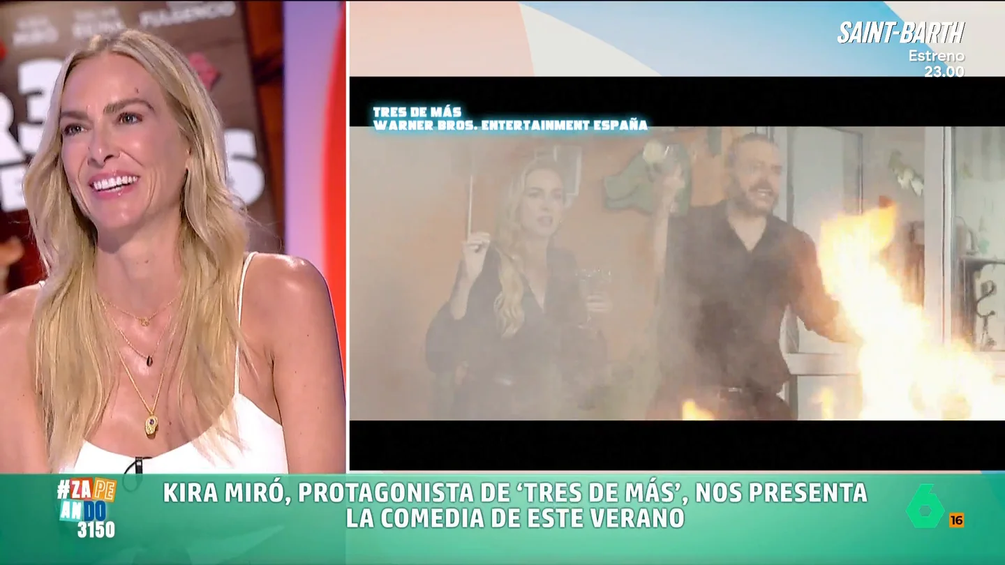 Kira Miró, sobre cómo es trabajar junto a su pareja, Salva Reina: "Nos llevamos el trabajo a casa porque nos encanta" Kira Miró habla en Zapeando sobre 'Tres de más', una divertida comedia familiar que se estrena este viernes en cines, en la que vuelve a trabajar con Salva Reina: "Salimos más baratos. Producción solo paga una habitación".