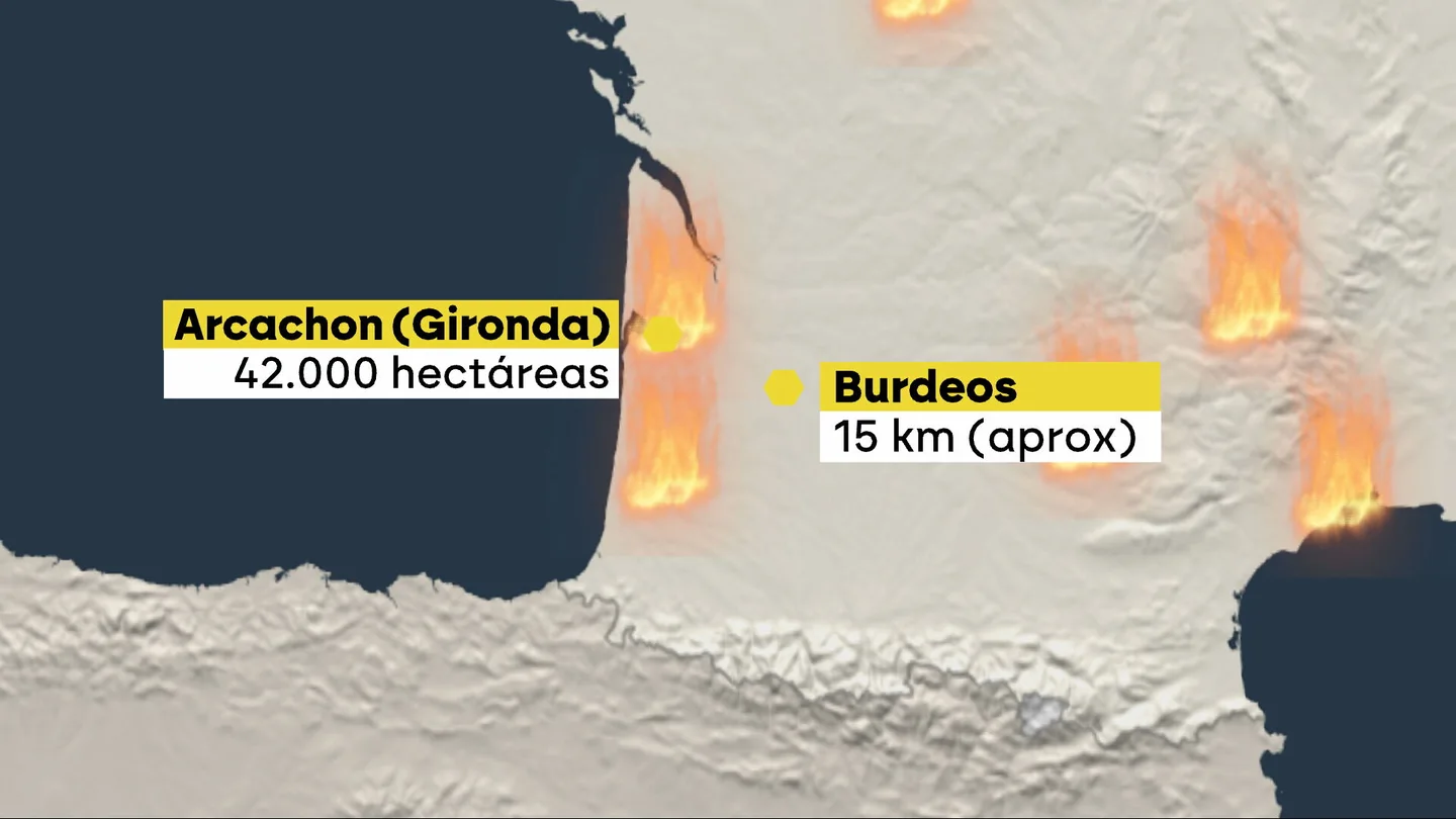El megaincendio de Gironda avanza sin control y se acerca a Burdeos: hay 220.000 personas evacuadas y 42.000 hectáreas calcinadas El megaincendio de Gironda avanza sin control y se acerca a Burdeos: hay 220.000 personas evacuadas y 42.000 hectáreas calcinadas