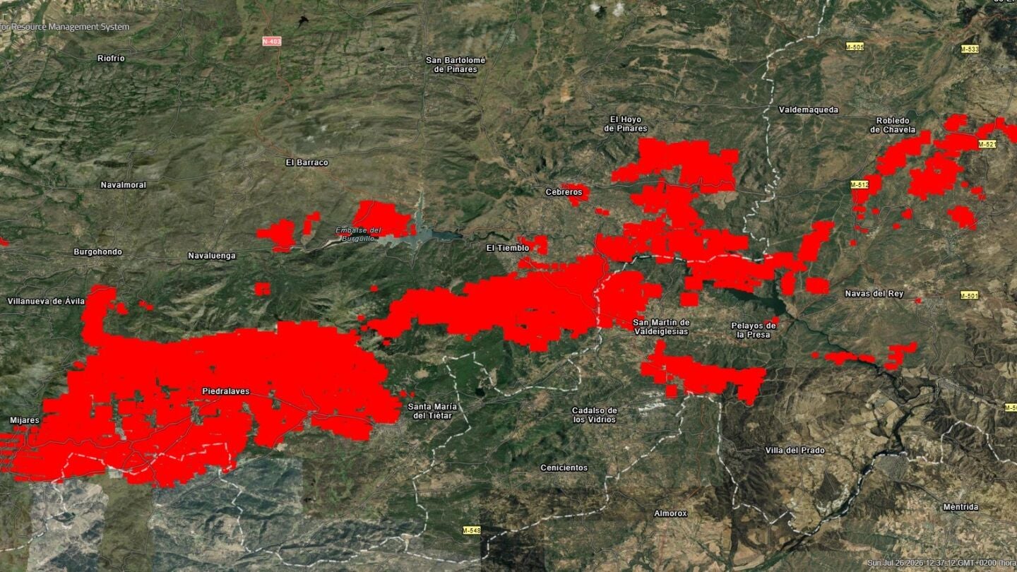Imágenes satelitales de los puntos afectados por los incendios en Madrid y Ávila.
