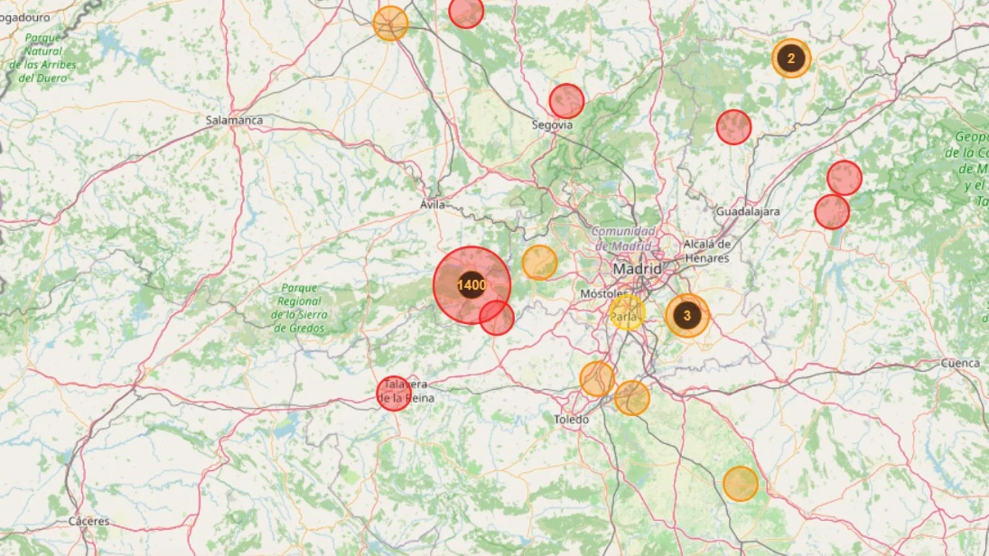 Focos detectados en la zona de Ávila, Madrid y Toledo Focos detectados en la zona de Ávila, Madrid y Toledo