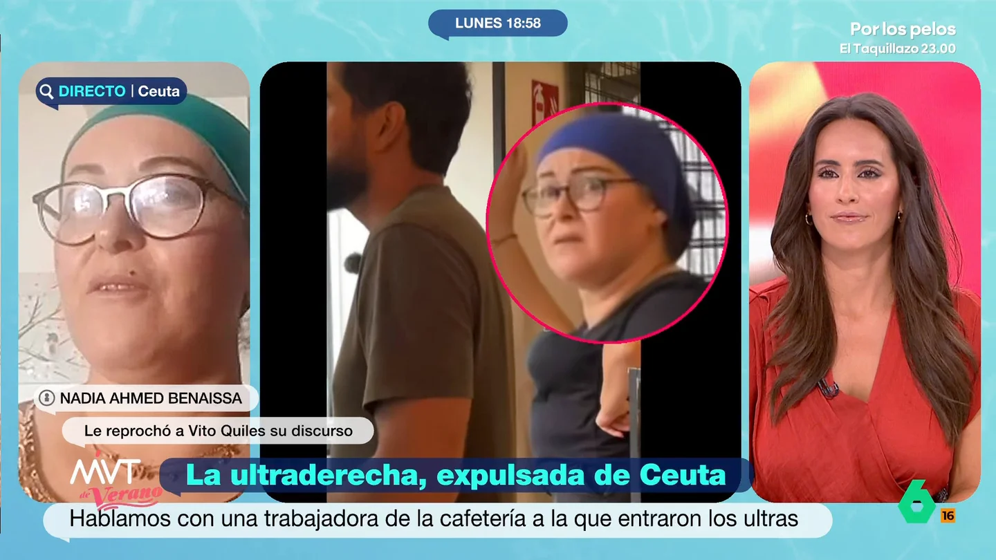 Nadia Ahmed, trabajadora de la cafetería donde se refugió Alvise en Ceuta: "Los ultras están para crispar a la sociedad" Nadia Ahmed, trabajadora de la cafetería donde se refugió Alvise en Ceuta: "Los ultras están para crispar a la sociedad"