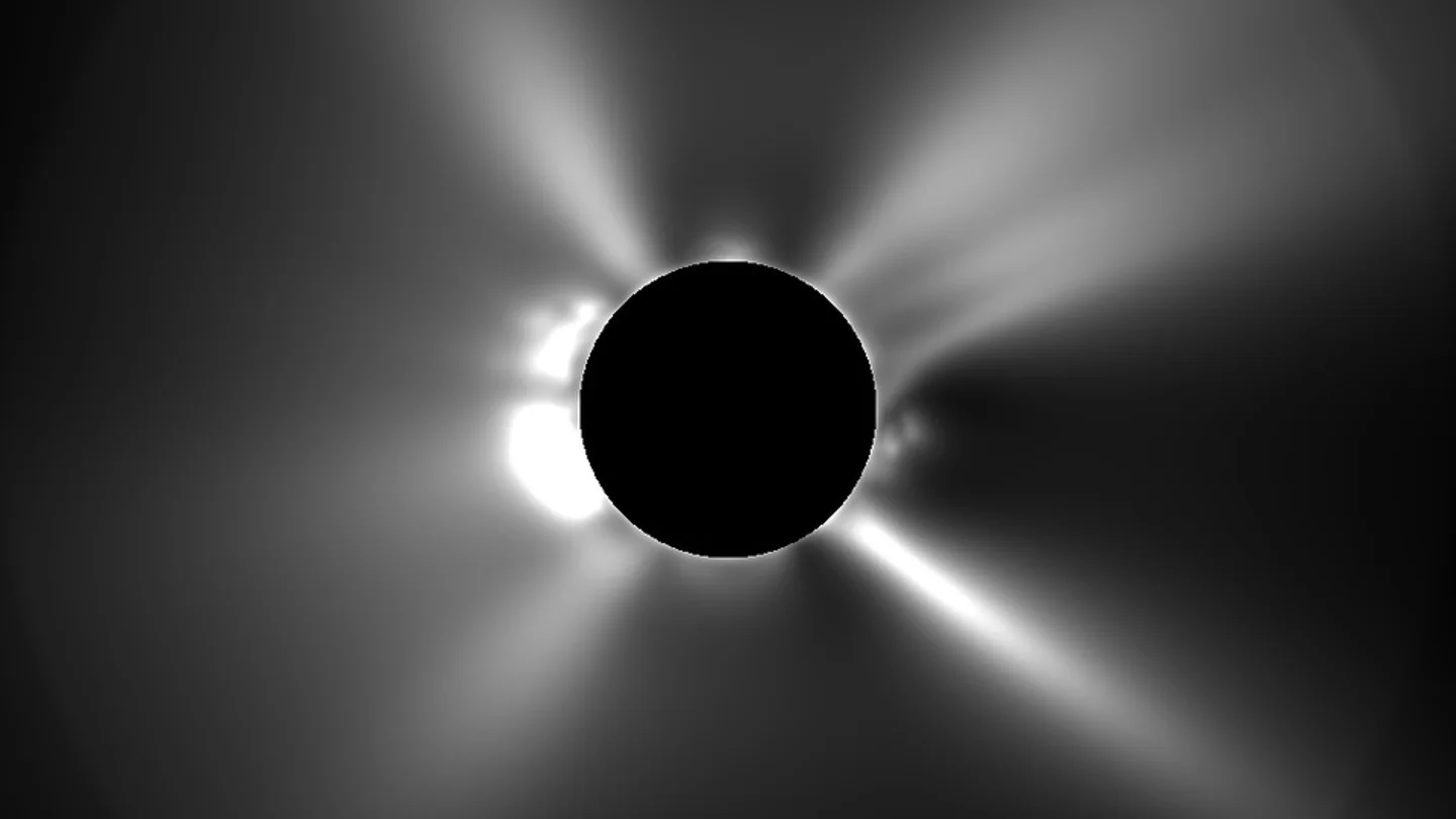 Simulación coronal de luz blanca sintética durante el eclipse Simulación coronal de luz blanca sintética durante el eclipse