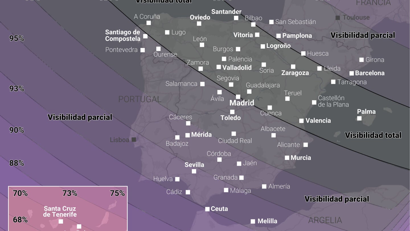 Infograf&iacute;a con visibilidad del eclipse en Espa&ntilde;a el 12 de agosto de 2026.