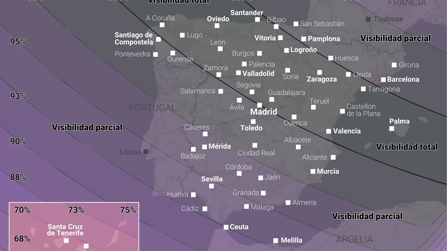 Infografía con visibilidad del eclipse en España el 12 de agosto de 2026. Infografía con visibilidad del eclipse en España el 12 de agosto de 2026.