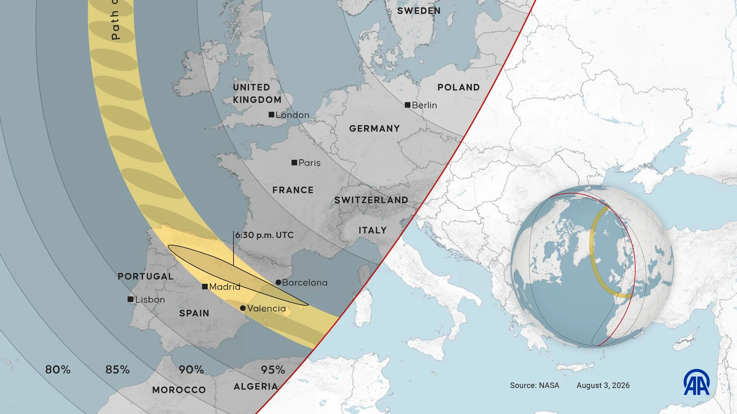 Infografía del eclipse solar del 12 de agosto de 2026 sobre Europa Infografía del eclipse solar del 12 de agosto de 2026 sobre Europa