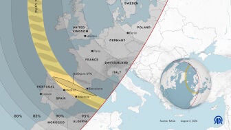 Infograf&iacute;a del eclipse solar del 12 de agosto de 2026 sobre Europa