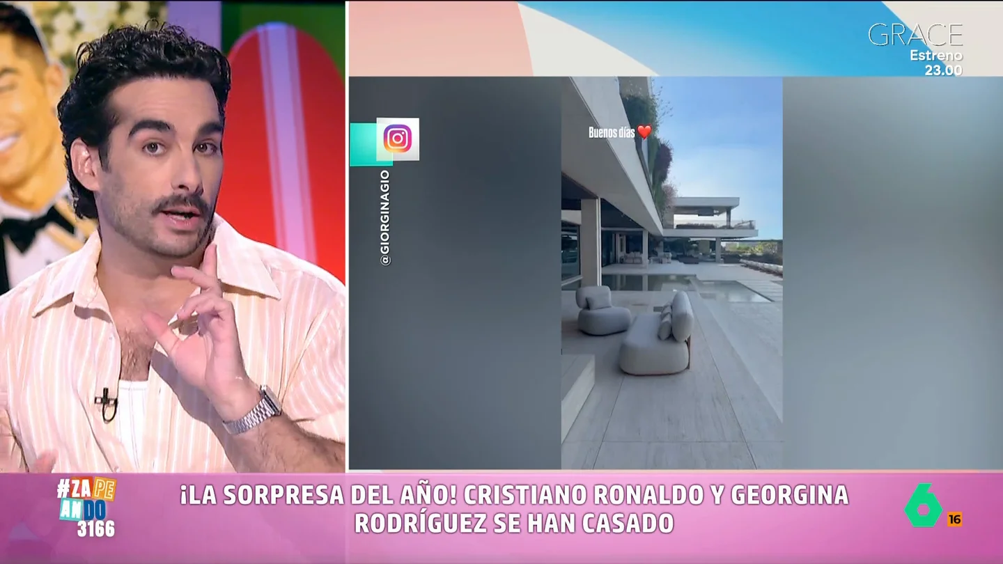 Juan Sanguino, sobre la boda de Cristiano Ronaldo y Georgina Rodríguez: "Se me ha quedado mal cuerpo" La pareja ha sorprendido anunciando, a través de sus redes sociales, que se han casado. El periodista señala que se conocen pocos detalles sobre el enlace, aunque sí se ha filtrado dónde tuvo lugar.