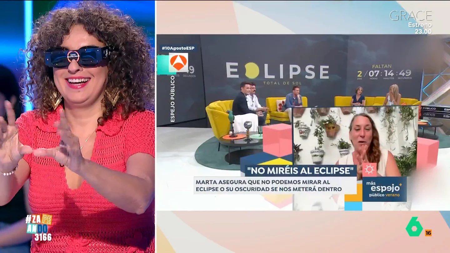 La duda de Virginia Riezu sobre tener sexo durante el eclipse solar: "Pero ¿hay que llevar las gafas puestas?" Muchas personas están preocupadas por cómo podrá afectar, por ejemplo, a su salud ocular ver el eclipse, pero en 'Espejo Público' se han planteado otra duda muy concreta.