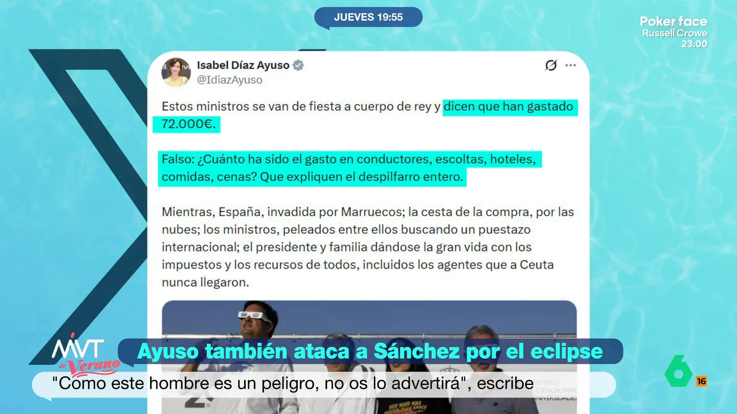 Ayuso carga contra la "fiesta a cuerpo de rey" de los ministros para ver el eclipse sin haber explicado todavía el ático de lujo Ayuso carga contra la "fiesta a cuerpo de rey" de los ministros para ver el eclipse sin haber explicado todavía el ático de lujo