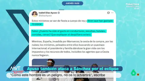 Ayuso carga contra la "fiesta a cuerpo de rey" de los ministros para ver el eclipse sin haber explicado todavía el ático de lujo Ayuso carga contra la "fiesta a cuerpo de rey" de los ministros para ver el eclipse sin haber explicado todavía el ático de lujo