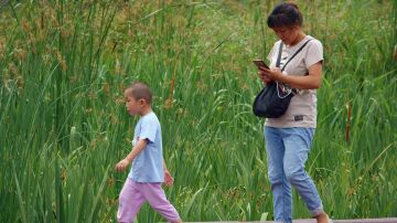 Una madre con el m&oacute;vil mientras pasea con su hijo