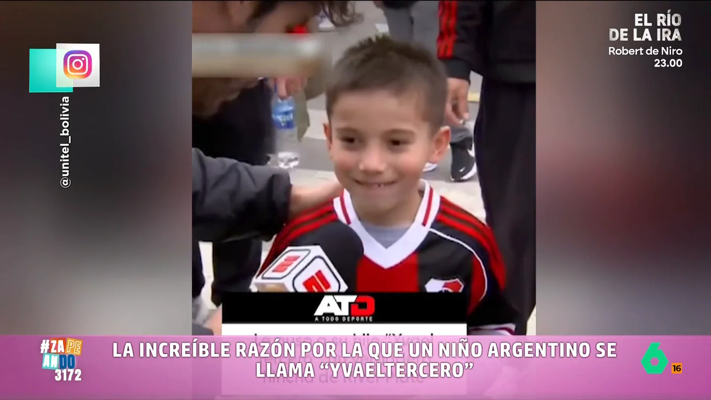 La increíble razón por la que un niño argentino se llama 'Yvaeltercero' Un reportero está charlando con la afición del River Plate cuando encuentra a un niño con un nombre sorprendente. Su padre llega, incluso, a mostrarle el documento de identidad del pequeño para mostrar que su nombre es real.