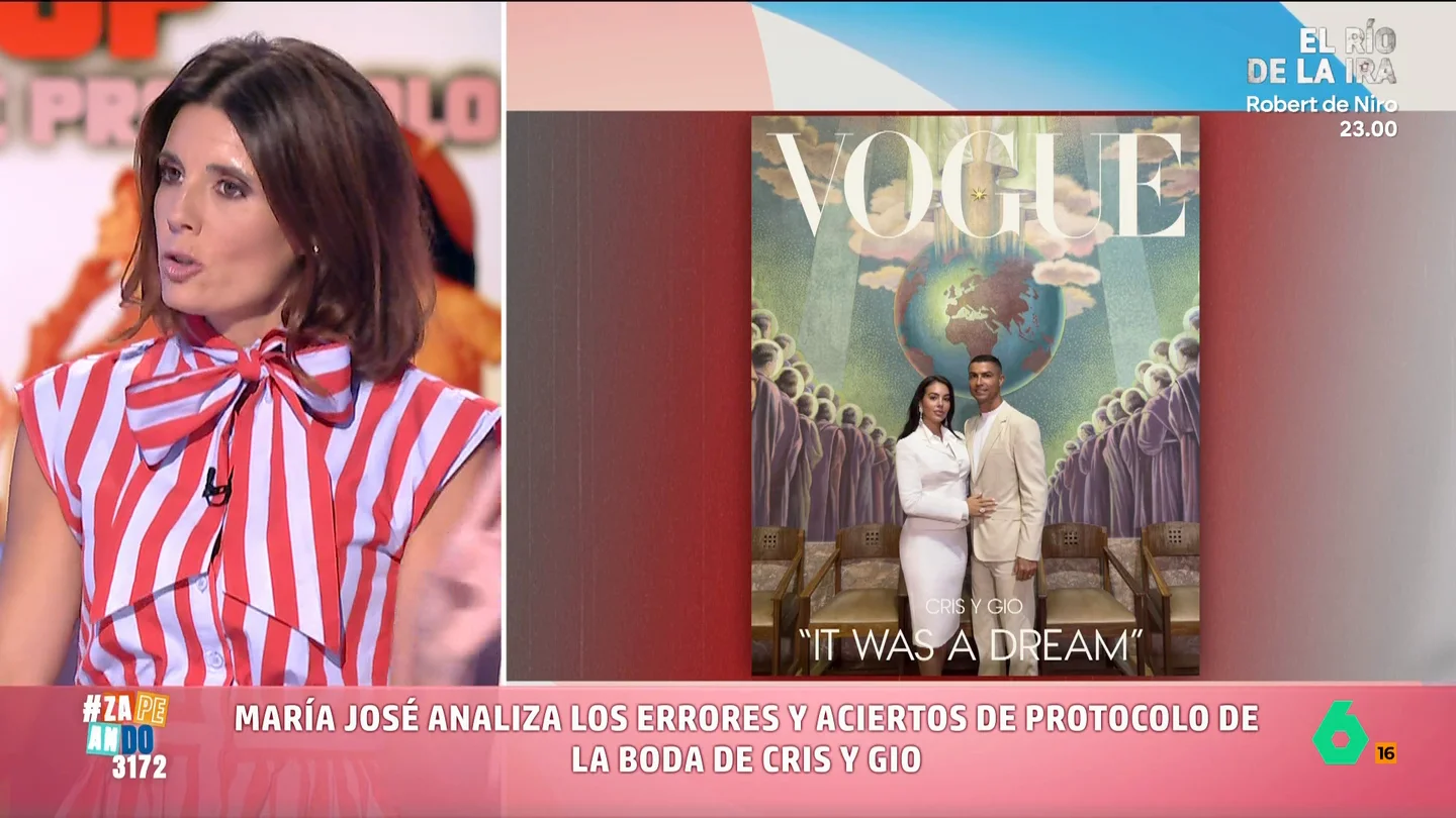 María José Gómez y Verdú analiza el protocolo en la boda de Georgina y Cristiano María José Gómez y Verdú, experta en protocolo, dicta sentencia sobre el estilismo de Cristiano Ronaldo y Georgina y destaca la combinación entre sencillez y joyas valoradas en 50 millones de dólares.