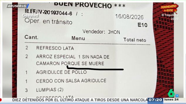 La peculiar anotaci&oacute;n de un restaurante tras pedir un plato de arroz sin camarones: "Porque se muere"