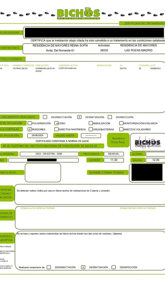 Certificado de que la Instalación ha sido sometida a un tratamiento Certificado de que la Instalación ha sido sometida a un tratamiento