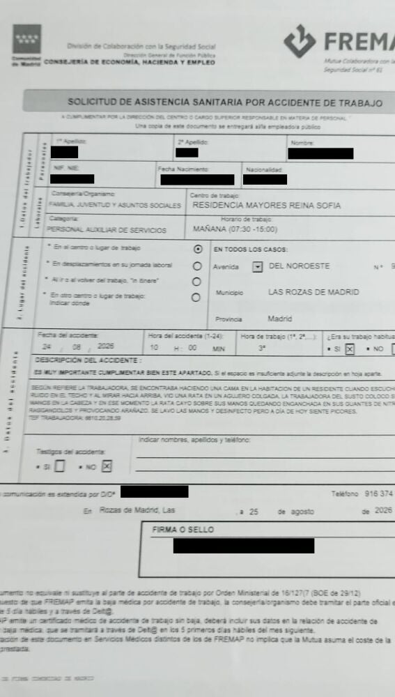Solicitud de asistencia sanitaria por accidente de trabajo a la que ha tenido acceso laSexta