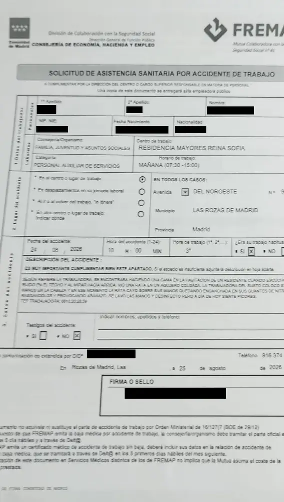Solicitud de asistencia sanitaria por accidente de trabajo a la que ha tenido acceso laSexta Solicitud de asistencia sanitaria por accidente de trabajo a la que ha tenido acceso laSexta