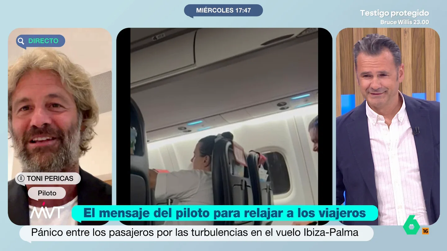 Toni Pericas, piloto, sobre su mensaje tranquilizador a los pasajeros de un vuelo con turbulencias "Que nadie se me asuste, que si yo no estoy preocupado, ustedes no tienen que estarlo", comentaba en un vuelo Toni Pericas para calmar a sus pasajeros por las turbulencias, un mensaje con "truco", porque da cursos para quitar el miedo a volar.